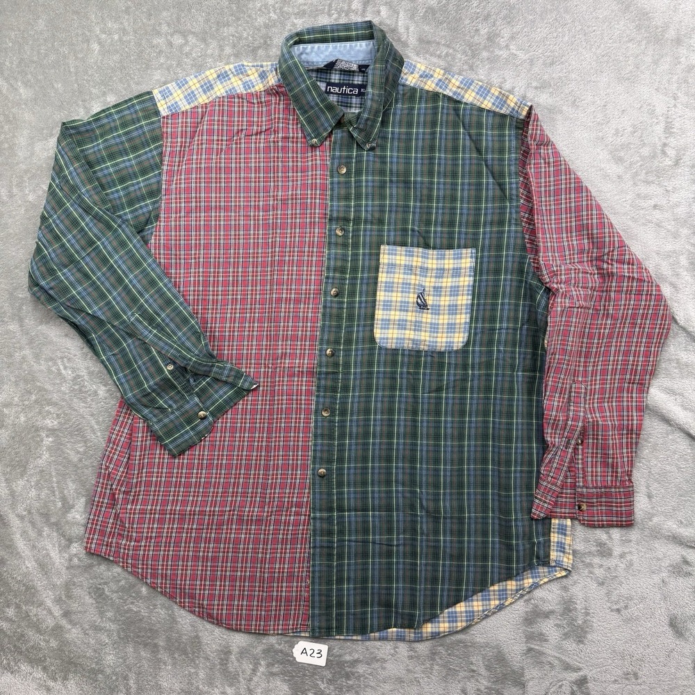 Vintage Nautica Button Down Shirt Mens XL Multicolor Plaid Patchwork Long Sleeve